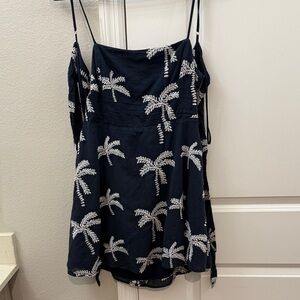 Navy Blue Backless Dress with Palm Tree Design